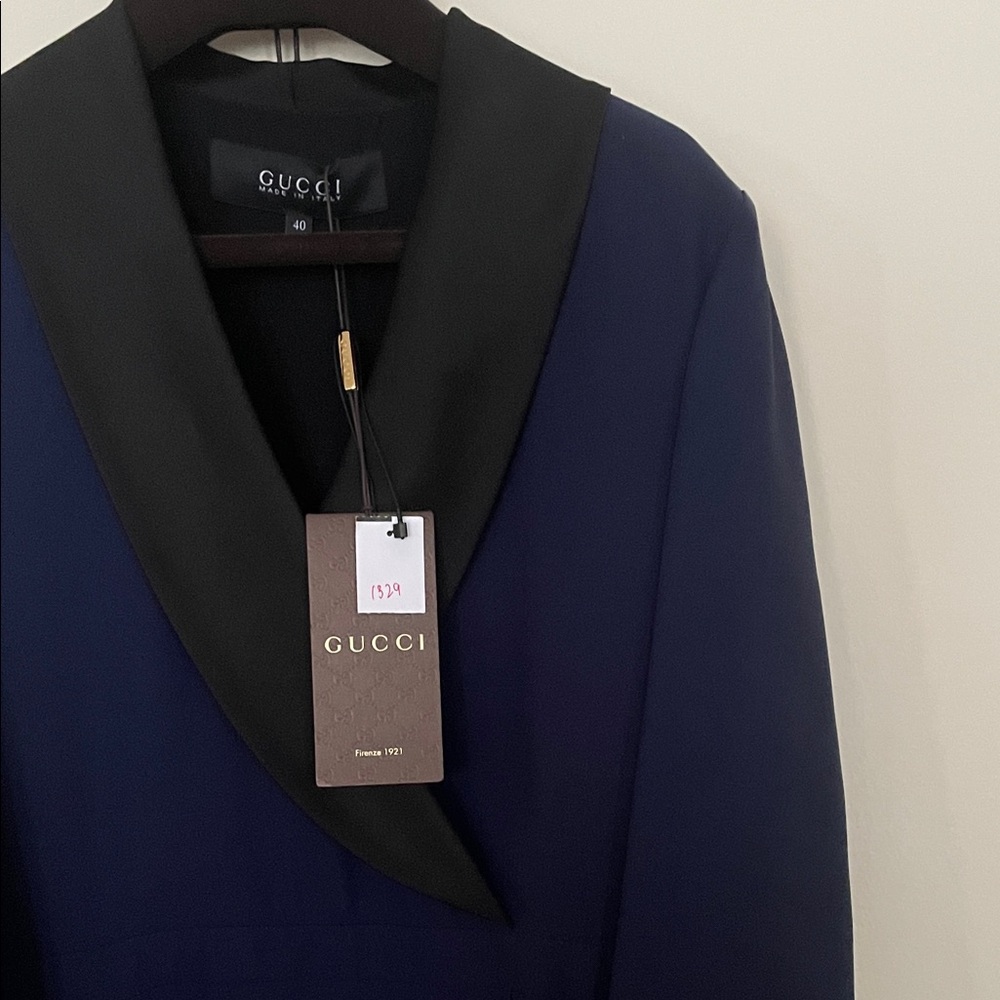 Gucci Navy Blue Long Sleeve Dress with Black Lapel